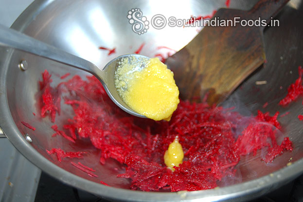 In the same pan add grated beetroot, 3 tbsp of ghee & saute for 3 min