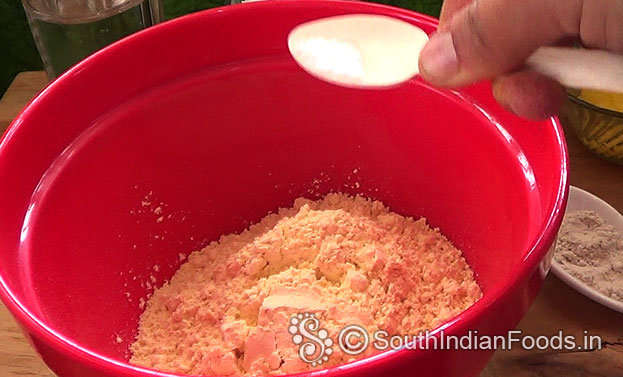 In a bowl add gram flour, salt