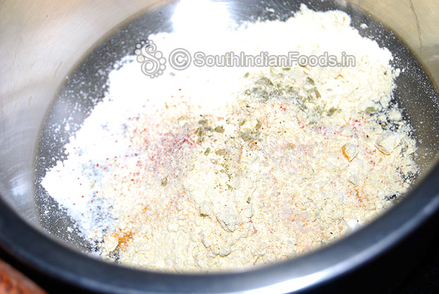 In a bowl add gram flour, rice flour, salt, fennel powder, red chilli powder, asafetida, turmeric powder& carom seeds mix well