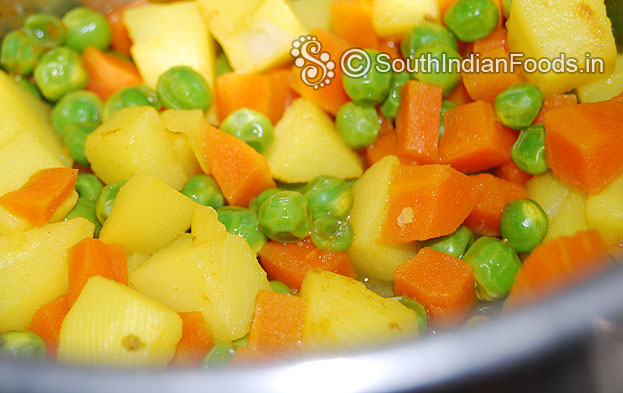 Boil carrot, potato, green peas, with salt & turmeric added water till soft