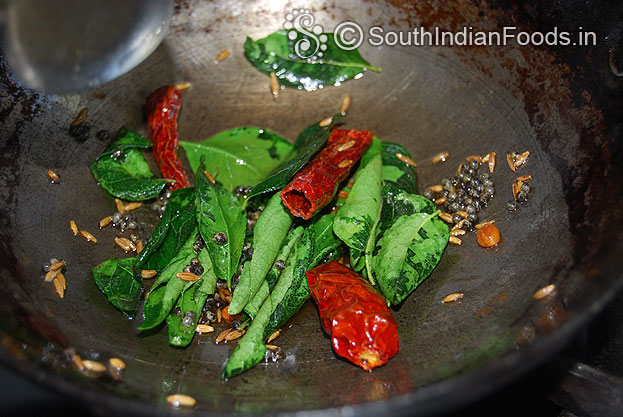 Heat oil in a pan seasoning with mustard seeds, cumin seeds, curry leaves, dry red chilli, begal gram & urad dal