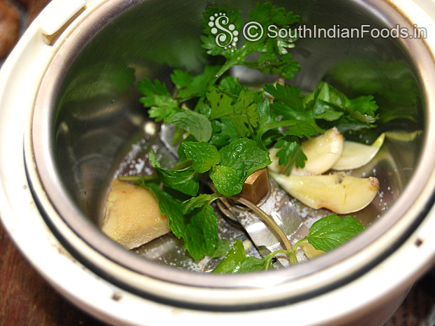 Add mint, coriander leaves, salt & add water finely grind