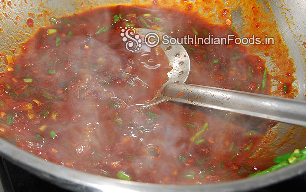 Add spring onion, soya sauce, pepper powder and water & let it boil