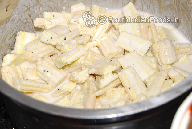 Make batter[Maida, cornflour, salt, pepperpowder & water] & add baby corn
