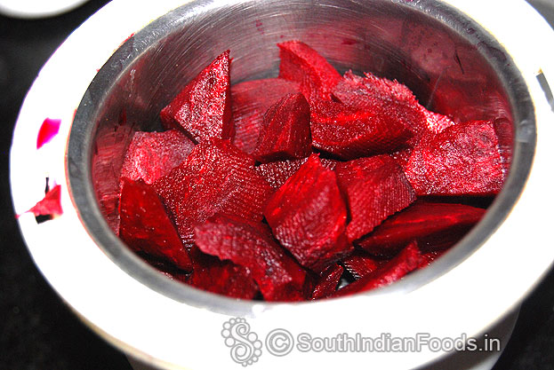 Add chopped beetroot in a mixie jar, add half cup water, finely grind