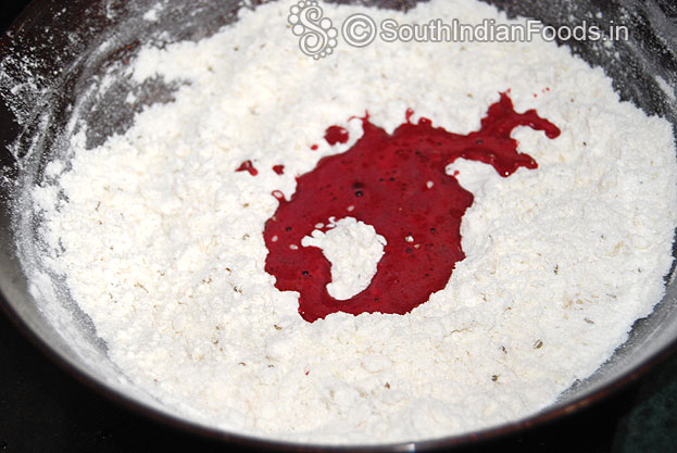 Add beetroot juice, knead it,make semi-soft dough