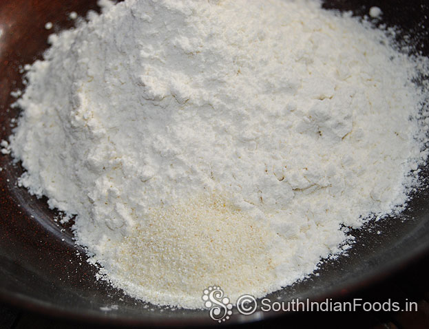 In a bowl add all purpose flour, rava