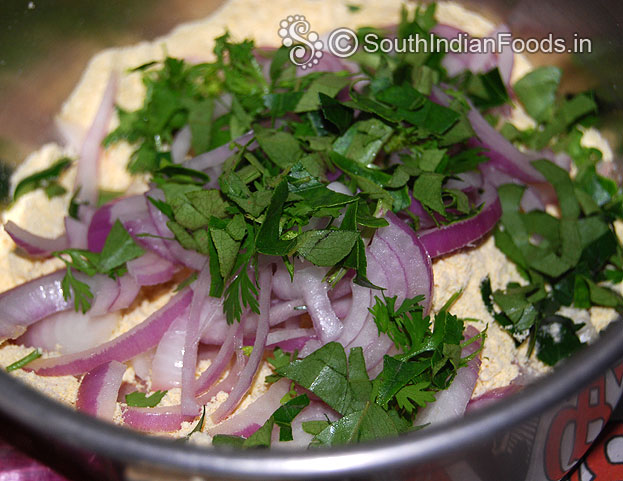 Add sliced onion, curry leaves, coriander leaves mix well