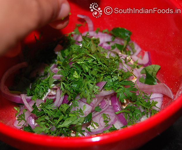 Add sliced onion, green chilli, curry leaves & coriander leaves