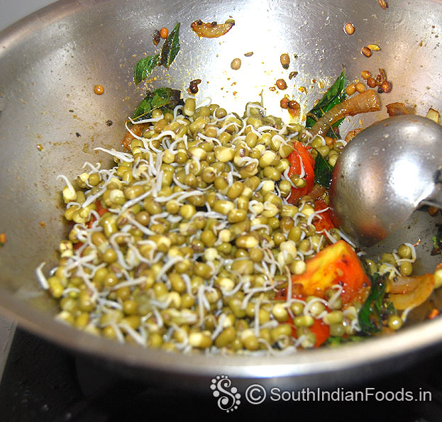 Add green gram sprouts, turmeric & red chilli powder, saute for 2 min