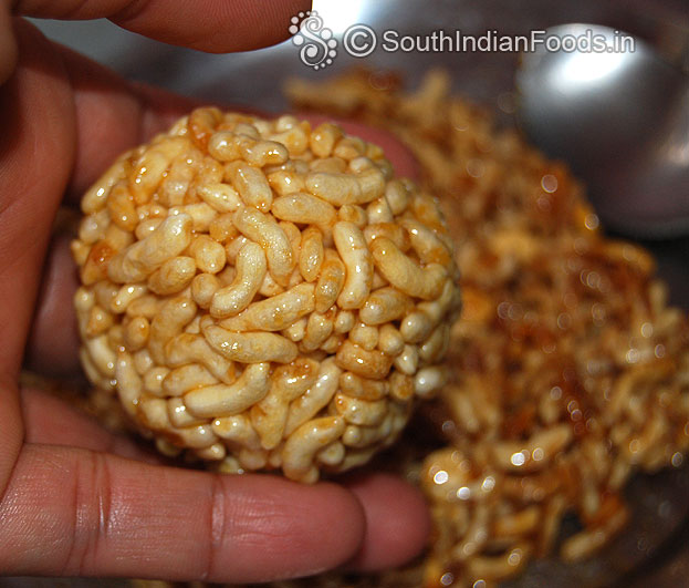 Grease hands with ghee or rice flour make balls in warm stage of pori mixture