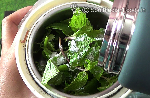 Add coriander, mint , green chilli, salt & water, coarsely grind