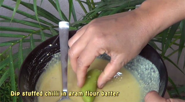 Dip chilli in gram flour batter