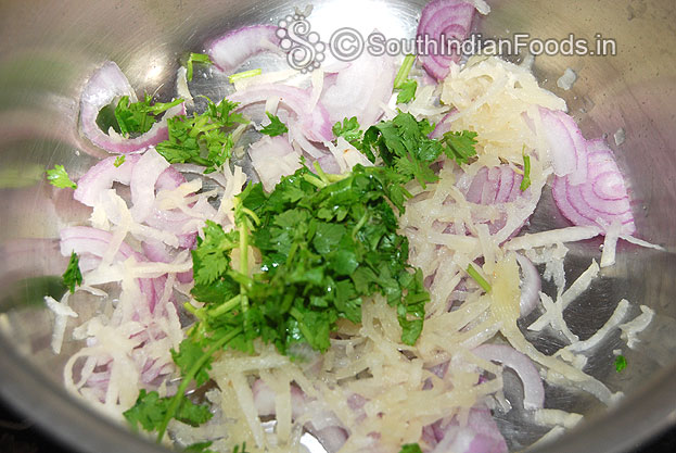 In a bowl add slcied onion, grated potato, coriander leaves