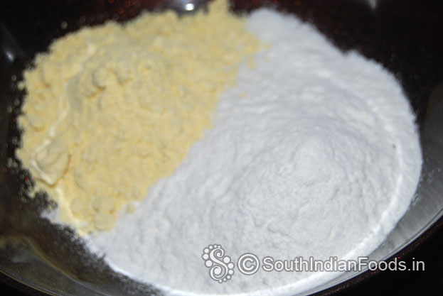 In a bowl add rice flour, gram flour