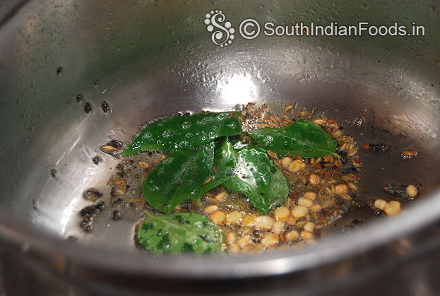 Heat oil, add mustard, cumin, bengal gram, urad dal & curry leaves