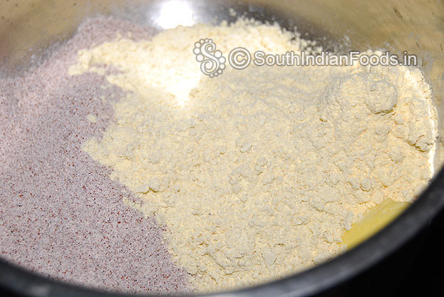 Add ragi flour, rice flour, gram flour, pottukadalai maavu, salt, butter, asafetida, pepper powder, turmeric & red chilli in a bowl mix well