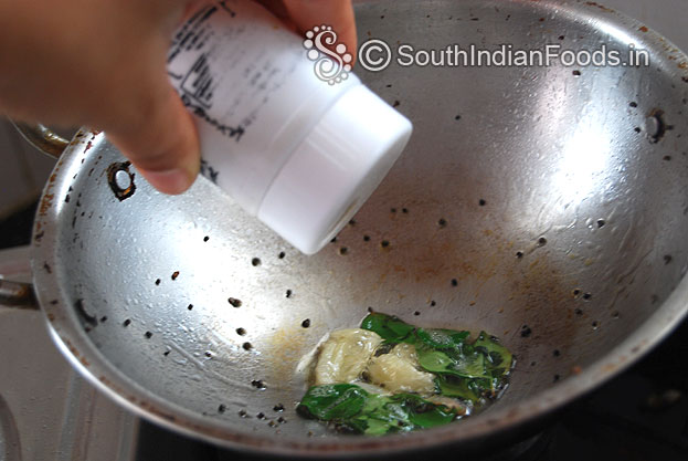 Heat oil add mustard, garlic, curry leaves, perungayam