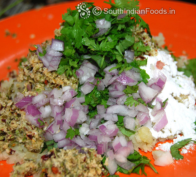 Add onion, curry leaves, coriander leaves, ground mixture, mix well, make soft dough