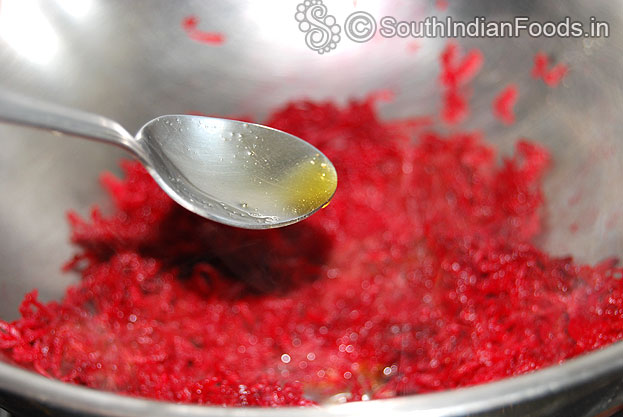 Heat ghee in a pan add grated beetroot & saute for 3 min