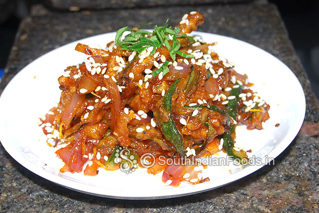 Manchurian style sesame okra dry recipe for chapati