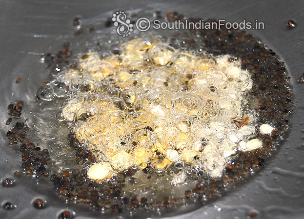 Heat oil in a pan add mustard seeds, let it splutter then add bengal gram, urad dal