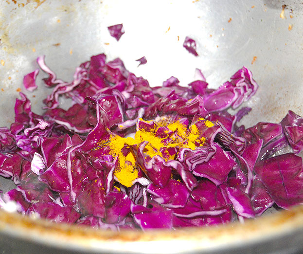Red cabbage, turmeric saute for a min