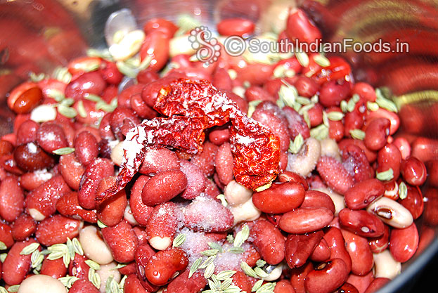 In a mixer jar put red beans, dry red chilli, fennel seeds, salt,&asafetida & coarsely grind