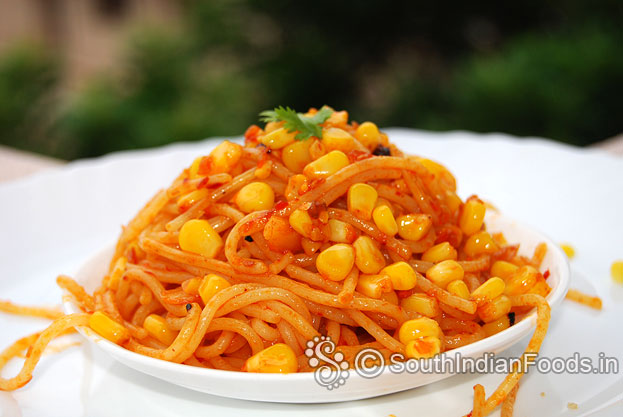 Spaghetti with sweet corn and schezwan chutney