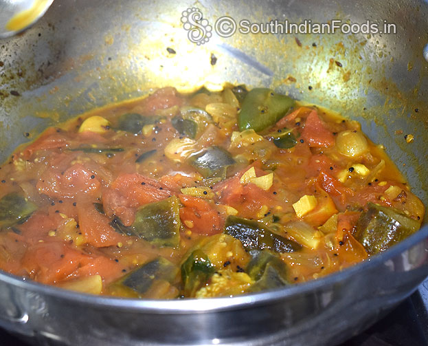 Heat oil, add mustard, chana dal, urad dal, onion, garlic, green chilli, curry leaves, tomato, eggplant saute till soft