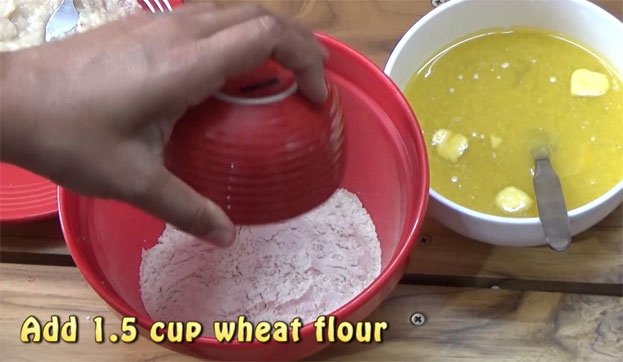 For dry ingredients:-Add wheat flour[Atta, godhumai maavu]