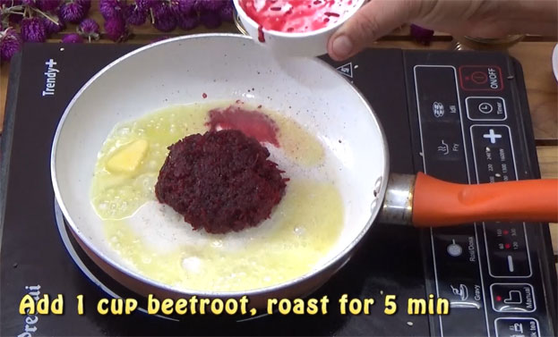 Heat butter, add grated beetroot, saute for 3 min