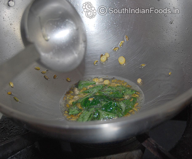 Heat oil, mustad, fennel, urad dal, chana dal, & curry leaves