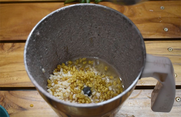 In a mixie jar, urad dal, fenugreek seeds, finely Black rice paniyaram step 7