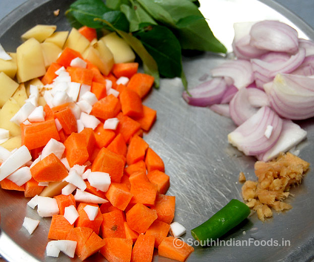 Chopped carrot, potato, coconut, onion, curry leaves, ginger