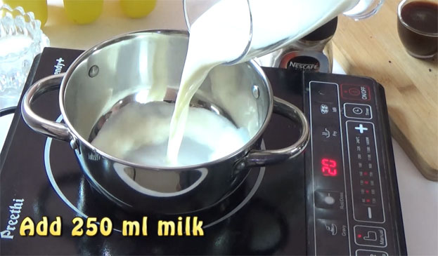 Heat pan, add milk, let it boil