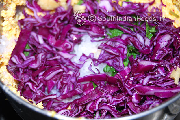 Take a bowl add corasely ground mixture, sago, mint leaves, green chilli, ginger, purple cabbage mix well. 