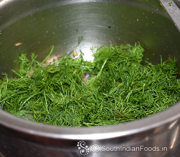 Heat pan, add ghee and oil, add seasoning ingredients, onion, garlic, hing & dill leaves