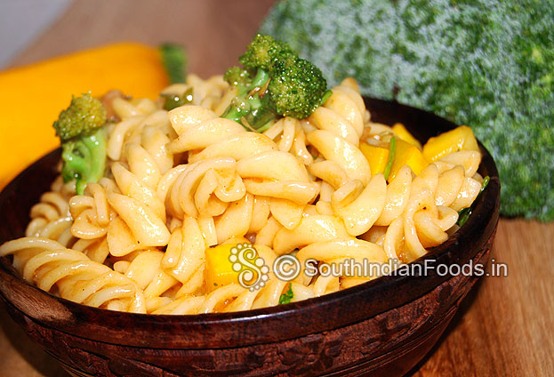 Fusilli masala pasta with zucchini and broccoli indian style