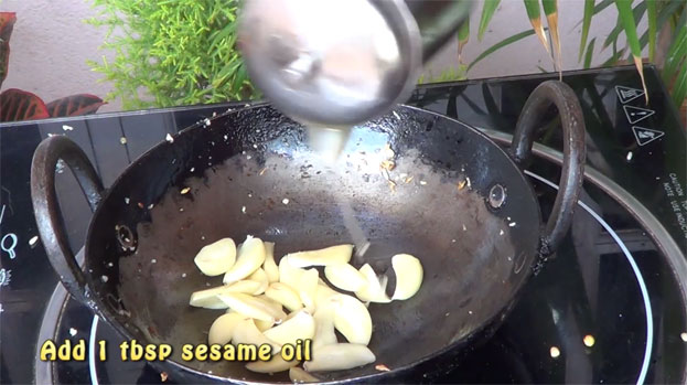 Add sesame oil, roast till soft