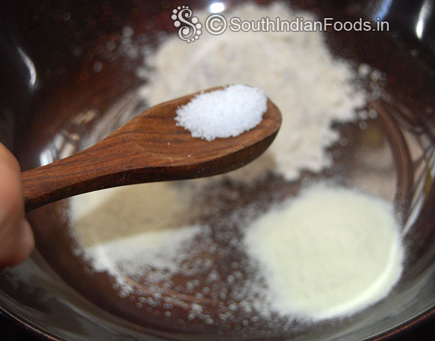 In a bowl add wheat flour, corn flour, rava ,milk powder and salt