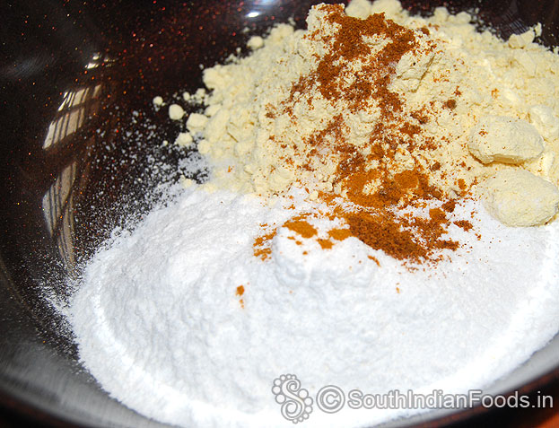 In a bowl add rice flour, gram flour, turmeric powder & red chilli powder