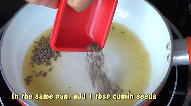 In the same pan, add cumin seeds