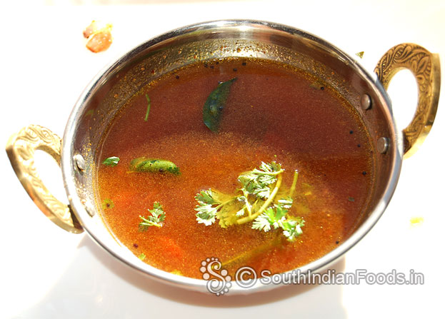 Quick thakkali rasam is ready, serve hot with rice