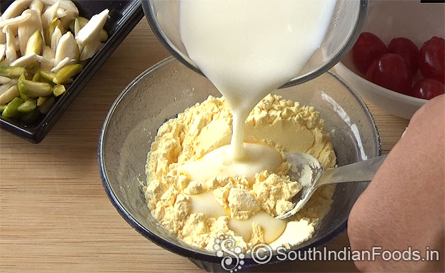 Add 3 tbsp custard powder & 100 ml milk, mix well without lumps