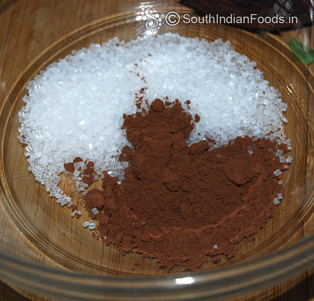 In a bowl add cocoa powder, sugar