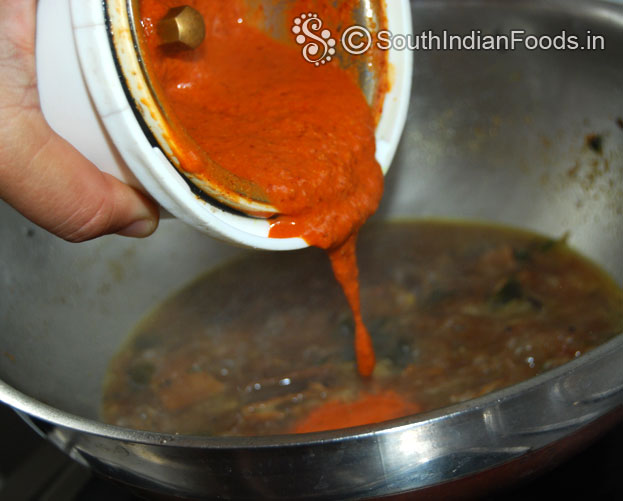 Add tamarind water let it boil, then add ground vatha kuzhambu paste, let it boil