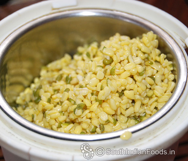 Put soaked moong dal in a mixer jar, coarsely or finely grind