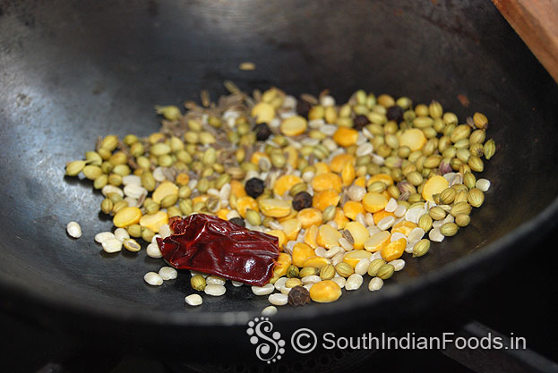 roast chana dal, urad dal, coriander, cumin, pepper, dry red chilli