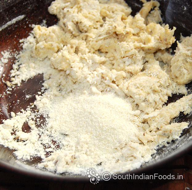 Add rava, mix well, knead it make semi-soft dough